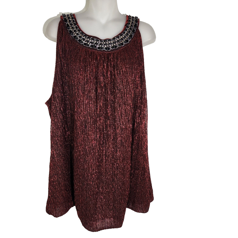 Alfani Womens Blouse 3X Metallic Red Lurex Sleeveless Embellished Chain Neck Top